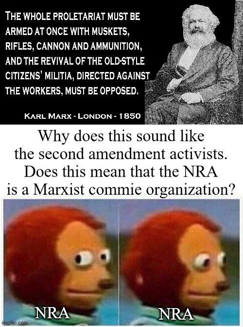 Why does this sound like the second amendment activists. Does this mean that the NRA is a Marxist commie organization? NRA; NRA | image tagged in memes,monkey puppet | made w/ Imgflip meme maker