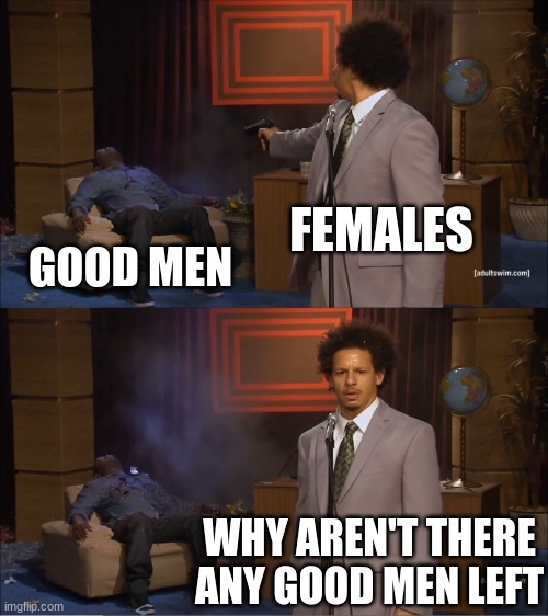 Who Killed Hannibal | FEMALES; GOOD MEN; WHY AREN'T THERE ANY GOOD MEN LEFT | image tagged in memes,who killed hannibal | made w/ Imgflip meme maker