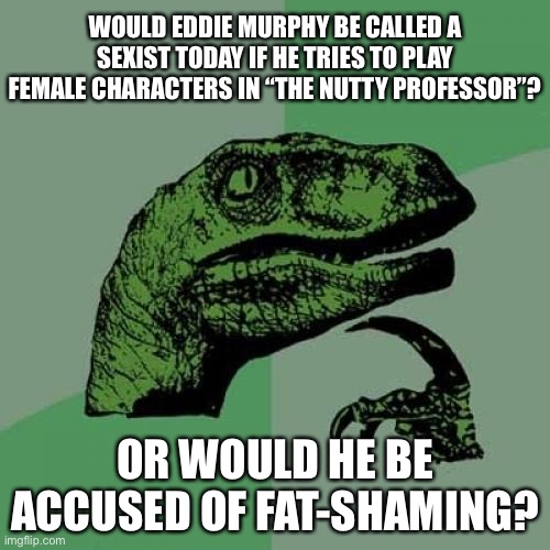 Cancel Culture might come after The Nutty Professor next | WOULD EDDIE MURPHY BE CALLED A SEXIST TODAY IF HE TRIES TO PLAY FEMALE CHARACTERS IN “THE NUTTY PROFESSOR”? OR WOULD HE BE ACCUSED OF FAT-SHAMING? | image tagged in memes,philosoraptor,the nutty professor,movie,eddie murphy,triggered | made w/ Imgflip meme maker