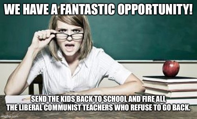 teacher | WE HAVE A FANTASTIC OPPORTUNITY! SEND THE KIDS BACK TO SCHOOL AND FIRE ALL THE LIBERAL COMMUNIST TEACHERS WHO REFUSE TO GO BACK. | image tagged in teacher | made w/ Imgflip meme maker