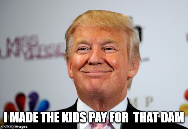 Donald trump approves | I MADE THE KIDS PAY FOR  THAT DAM | image tagged in donald trump approves | made w/ Imgflip meme maker
