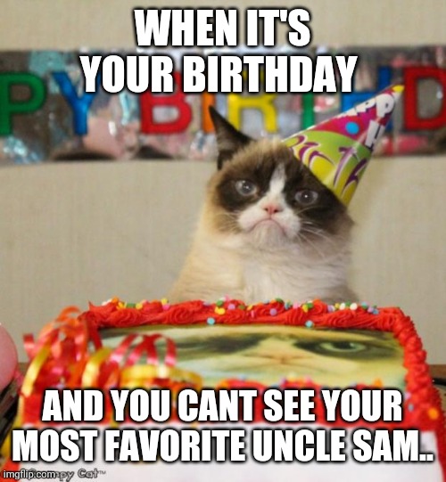 Grumpy Cat Birthday | WHEN IT'S YOUR BIRTHDAY; AND YOU CANT SEE YOUR MOST FAVORITE UNCLE SAM.. | image tagged in memes,grumpy cat birthday,grumpy cat | made w/ Imgflip meme maker
