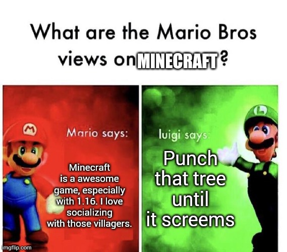 Mario Bros Views | MINECRAFT; Punch that tree until it screems; Minecraft is a awesome game, especially with 1.16. I love socializing with those villagers. | image tagged in mario bros views | made w/ Imgflip meme maker