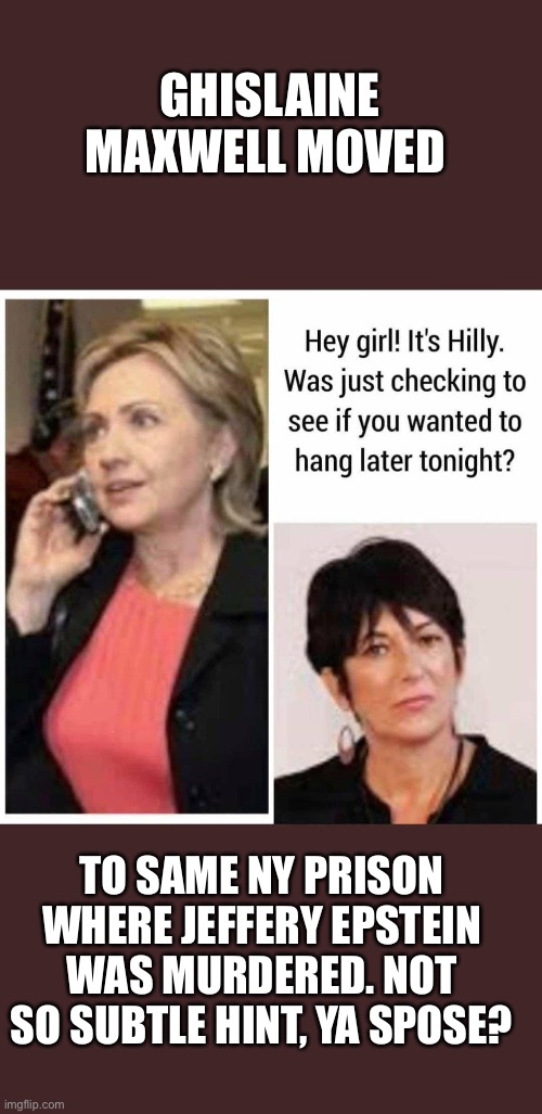 Jizz-Lane Maxwell | GHISLAINE MAXWELL MOVED; TO SAME NY PRISON WHERE JEFFERY EPSTEIN WAS MURDERED. NOT SO SUBTLE HINT, YA SPOSE? | image tagged in whores | made w/ Imgflip meme maker