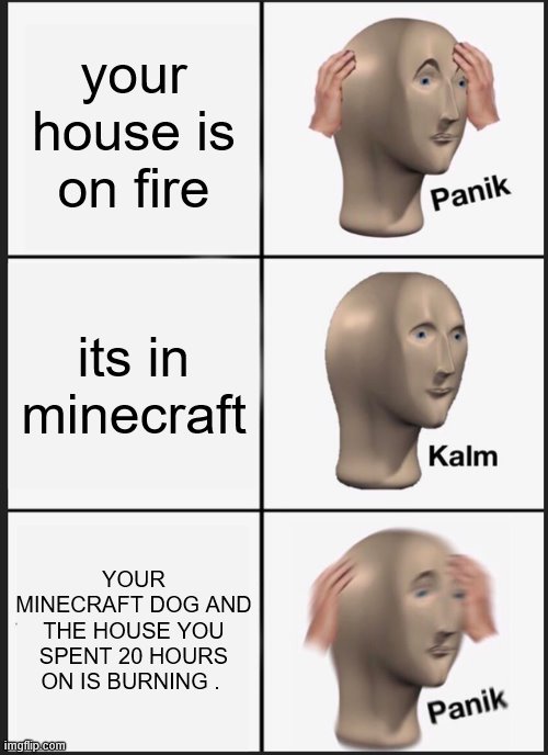 Panik Kalm Panik Meme | your house is on fire; its in minecraft; YOUR MINECRAFT DOG AND THE HOUSE YOU SPENT 20 HOURS ON IS BURNING . | image tagged in memes,panik kalm panik | made w/ Imgflip meme maker