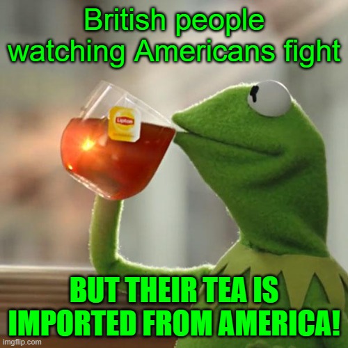 Mmmnnn Tea | British people watching Americans fight; BUT THEIR TEA IS IMPORTED FROM AMERICA! | image tagged in memes,but that's none of my business,kermit the frog | made w/ Imgflip meme maker