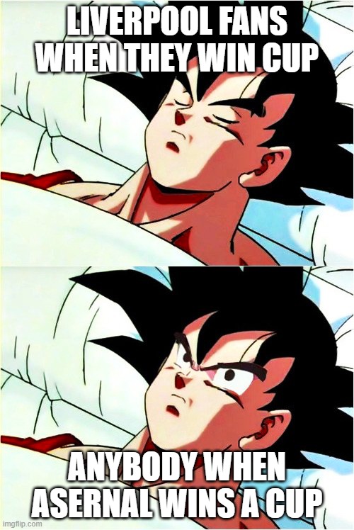 goku sleeping wake up | LIVERPOOL FANS WHEN THEY WIN CUP; ANYBODY WHEN ASERNAL WINS A CUP | image tagged in goku sleeping wake up | made w/ Imgflip meme maker