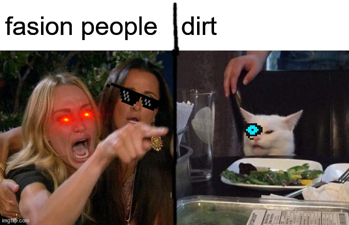 fasion people hate dirt | fasion people; dirt | image tagged in memes,woman yelling at cat | made w/ Imgflip meme maker