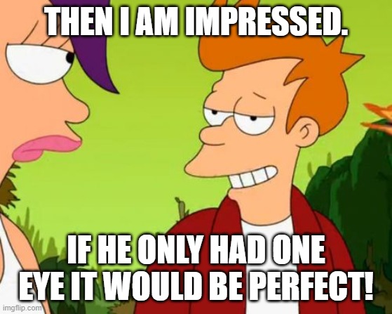 Slick Fry Meme | THEN I AM IMPRESSED. IF HE ONLY HAD ONE EYE IT WOULD BE PERFECT! | image tagged in memes,slick fry | made w/ Imgflip meme maker