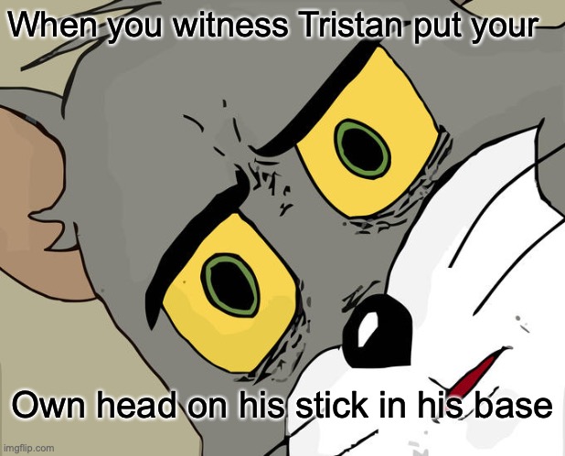 Unsettled Tom Meme | When you witness Tristan put your; Own head on his stick in his base | image tagged in memes,unsettled tom | made w/ Imgflip meme maker