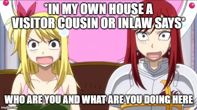 When someone spells fairy tail wrong | *IN MY OWN HOUSE A VISITOR COUSIN OR INLAW SAYS*; WHO ARE YOU AND WHAT ARE YOU DOING HERE | image tagged in when someone spells fairy tail wrong | made w/ Imgflip meme maker