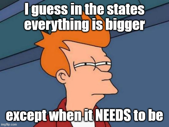 Futurama Fry Meme | I guess in the states everything is bigger except when it NEEDS to be | image tagged in memes,futurama fry | made w/ Imgflip meme maker