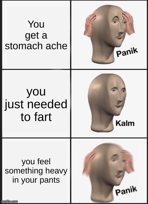 O oh | You get a stomach ache; you just needed to fart; you feel something heavy in your pants | image tagged in memes,panik kalm panik | made w/ Imgflip meme maker