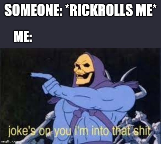 It's really not that bad of a song | SOMEONE: *RICKROLLS ME*; ME: | image tagged in jokes on you im into that shit | made w/ Imgflip meme maker