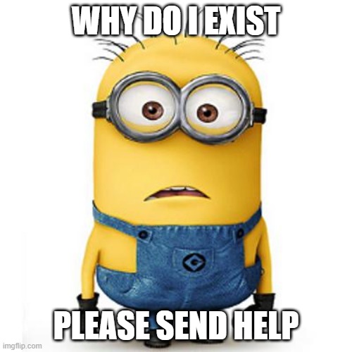 i am not funny anymore | WHY DO I EXIST; PLEASE SEND HELP | image tagged in minions | made w/ Imgflip meme maker