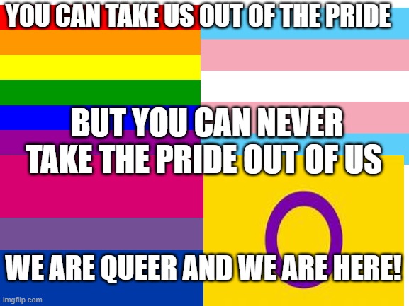YOU CAN TAKE US OUT OF THE PRIDE; BUT YOU CAN NEVER TAKE THE PRIDE OUT OF US; WE ARE QUEER AND WE ARE HERE! | made w/ Imgflip meme maker