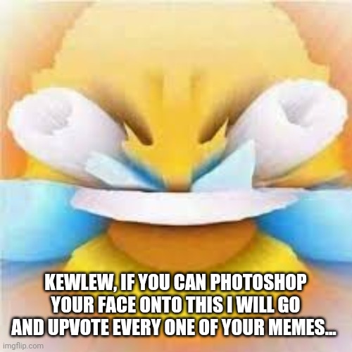 Laughing crying emoji with open eyes  | KEWLEW, IF YOU CAN PHOTOSHOP YOUR FACE ONTO THIS I WILL GO AND UPVOTE EVERY ONE OF YOUR MEMES... | image tagged in laughing crying emoji with open eyes | made w/ Imgflip meme maker
