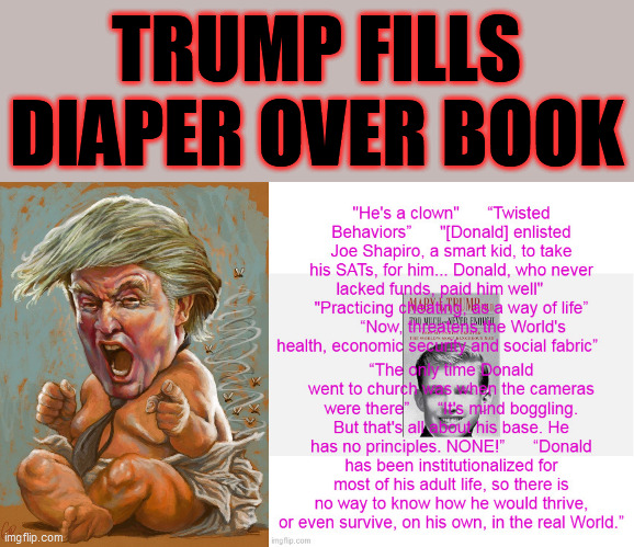 Niece's "TELL ALL" book just may be Trump's Death Knell! He's always been a travesty and is a real threat to America! Bye, bye! | TRUMP FILLS DIAPER OVER BOOK | image tagged in trump unfit unqualified dangerous,sociopath,psychopath,trump is an asshole,book,cheat | made w/ Imgflip meme maker