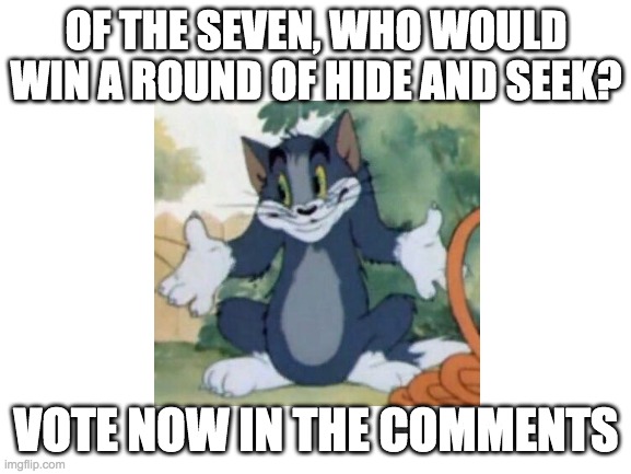 the Seven: who would win? | OF THE SEVEN, WHO WOULD WIN A ROUND OF HIDE AND SEEK? VOTE NOW IN THE COMMENTS | made w/ Imgflip meme maker