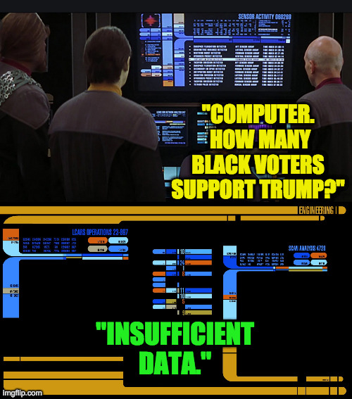 That's what I think too. | "COMPUTER.  HOW MANY BLACK VOTERS SUPPORT TRUMP?"; "INSUFFICIENT DATA." | image tagged in memes,insufficient trump,election 2020 | made w/ Imgflip meme maker