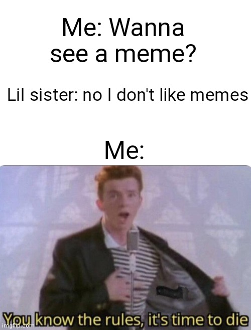 Memes | Me: Wanna see a meme? Lil sister: no I don't like memes; Me: | image tagged in you know the rules its time to die,memes | made w/ Imgflip meme maker