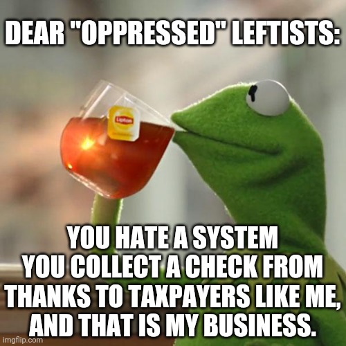 Easy money | DEAR "OPPRESSED" LEFTISTS:; YOU HATE A SYSTEM YOU COLLECT A CHECK FROM THANKS TO TAXPAYERS LIKE ME,
AND THAT IS MY BUSINESS. | image tagged in memes,but that's none of my business,kermit the frog,leftists,welfare,liberals | made w/ Imgflip meme maker