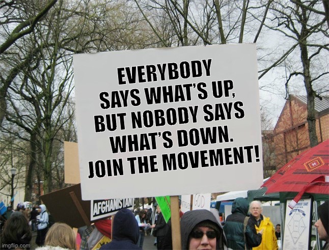 Blank protest sign | EVERYBODY SAYS WHAT’S UP, BUT NOBODY SAYS WHAT’S DOWN. JOIN THE MOVEMENT! | image tagged in blank protest sign | made w/ Imgflip meme maker