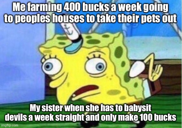 Mocking Spongebob | Me farming 400 bucks a week going to peoples houses to take their pets out; My sister when she has to babysit devils a week straight and only make 100 bucks | image tagged in memes,mocking spongebob | made w/ Imgflip meme maker