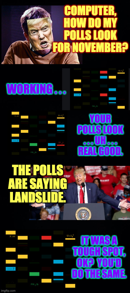When the boss has high standards for good news. | COMPUTER, HOW DO MY POLLS LOOK FOR NOVEMBER? WORKING . . . YOUR POLLS LOOK
. . . UH . . .
REAL GOOD. THE POLLS ARE SAYING LANDSLIDE. IT WAS A TOUGH SPOT, OK?  YOU'D DO THE SAME. | image tagged in memes,in the bunker,pressure,election 2020,how things work | made w/ Imgflip meme maker