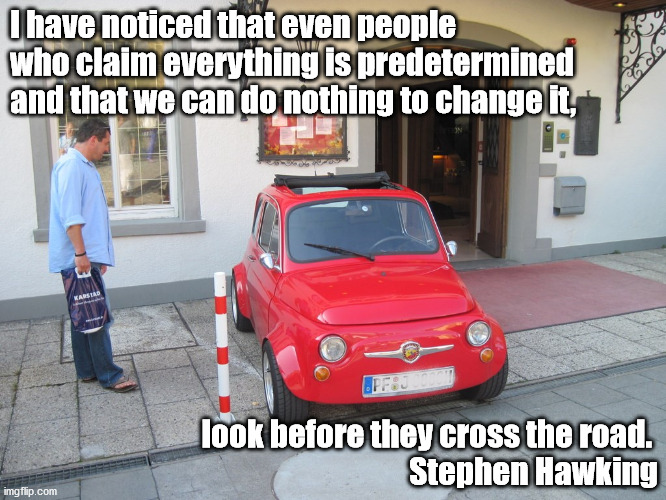 Look before you cross the road | I have noticed that even people who claim everything is predetermined and that we can do nothing to change it, look before they cross the road. 
Stephen Hawking | image tagged in stephen hawking,predestination | made w/ Imgflip meme maker