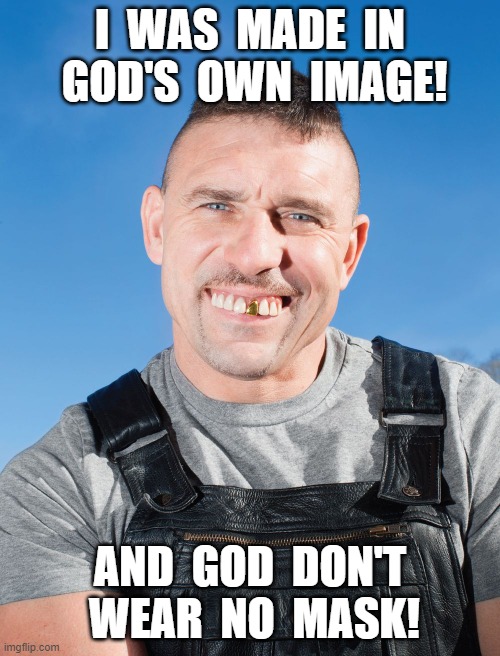 God's Own Image | I  WAS  MADE  IN  GOD'S  OWN  IMAGE! AND  GOD  DON'T  WEAR  NO  MASK! | image tagged in coronavirus | made w/ Imgflip meme maker