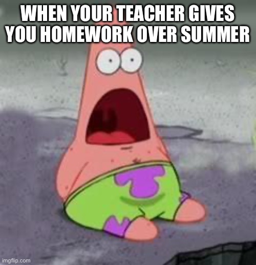 Surprised Patrick | WHEN YOUR TEACHER GIVES YOU HOMEWORK OVER SUMMER | image tagged in suprised patrick | made w/ Imgflip meme maker