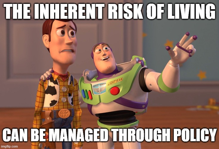 Life is not free of risk, but we do our best to manage it. Example: Traffic laws. | THE INHERENT RISK OF LIVING CAN BE MANAGED THROUGH POLICY | image tagged in x x everywhere,laws,we live in a society,safety,road safety,risk | made w/ Imgflip meme maker
