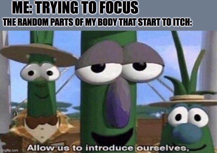VeggieTales 'Allow us to introduce ourselfs' | ME: TRYING TO FOCUS; THE RANDOM PARTS OF MY BODY THAT START TO ITCH: | image tagged in hate when that happens | made w/ Imgflip meme maker