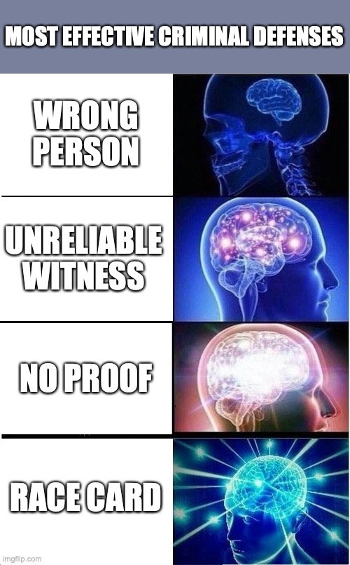 Expanding Brain Meme | MOST EFFECTIVE CRIMINAL DEFENSES; WRONG PERSON; UNRELIABLE WITNESS; NO PROOF; RACE CARD | image tagged in memes,expanding brain,politics,blm | made w/ Imgflip meme maker