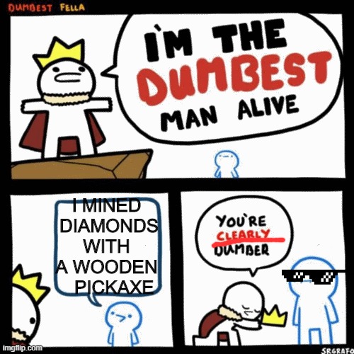 pro mlg gamer | I MINED  DIAMONDS WITH A WOODEN    PICKAXE | image tagged in i'm the dumbest man alive | made w/ Imgflip meme maker