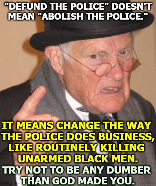 If Trump says something that sounds stupid, it is stupid. | "DEFUND THE POLICE" DOESN'T MEAN "ABOLISH THE POLICE."; IT MEANS CHANGE THE WAY 
THE POLICE DOES BUSINESS,
LIKE ROUTINELY KILLING 
UNARMED BLACK MEN. TRY NOT TO BE ANY DUMBER 
THAN GOD MADE YOU. | image tagged in memes,back in my day,police brutality,change,common sense | made w/ Imgflip meme maker