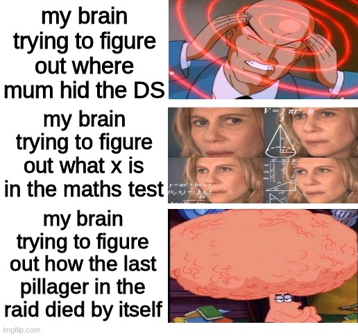 hum hum my brain is calculating thousands of different possibilities | my brain trying to figure out where mum hid the DS; my brain trying to figure out what x is in the maths test; my brain trying to figure out how the last pillager in the raid died by itself | image tagged in funny,memes,minecraft | made w/ Imgflip meme maker