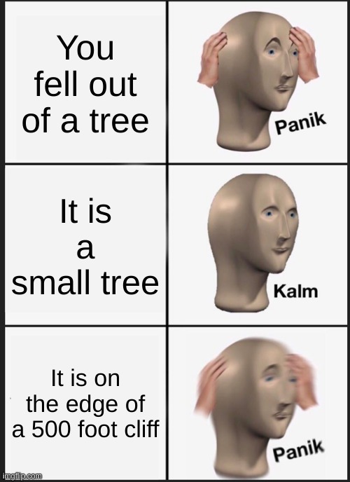 Panik Kalm Panik Meme | You fell out of a tree; It is a small tree; It is on the edge of a 500 foot cliff | image tagged in memes,panik kalm panik | made w/ Imgflip meme maker