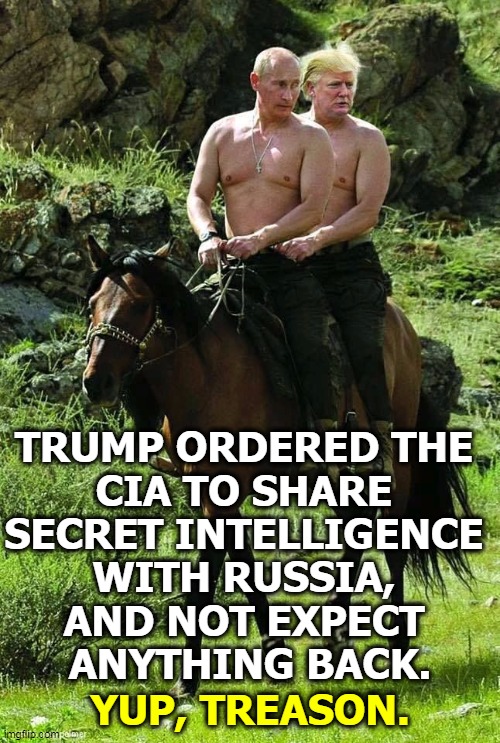 Give our secrets to the enemy in exchange for...nothing. | TRUMP ORDERED THE 
CIA TO SHARE 
SECRET INTELLIGENCE 
WITH RUSSIA, 
AND NOT EXPECT 
ANYTHING BACK. YUP, TREASON. | image tagged in trump putin,trump,secrets,putin,russia,traitor | made w/ Imgflip meme maker