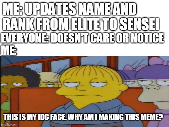 ME: UPDATES NAME AND RANK FROM ELITE TO SENSEI; EVERYONE: DOESN'T CARE OR NOTICE
ME:; THIS IS MY IDC FACE. WHY AM I MAKING THIS MEME? | made w/ Imgflip meme maker