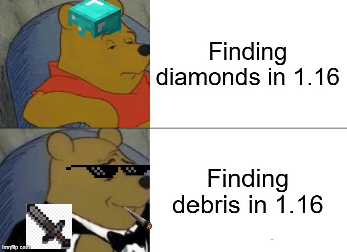 Tuxedo Winnie The Pooh Meme | Finding diamonds in 1.16; Finding debris in 1.16 | image tagged in memes,tuxedo winnie the pooh | made w/ Imgflip meme maker