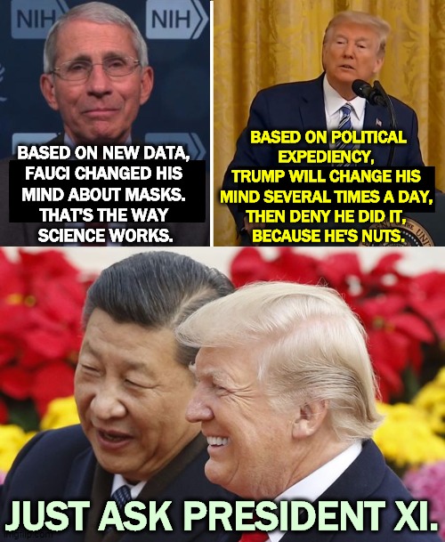 Changing your mind is not a sin. Not have a mind is a sin. | BASED ON POLITICAL EXPEDIENCY, 
TRUMP WILL CHANGE HIS 
MIND SEVERAL TIMES A DAY, 
THEN DENY HE DID IT, 
BECAUSE HE'S NUTS. BASED ON NEW DATA, 
FAUCI CHANGED HIS 
MIND ABOUT MASKS. 
THAT'S THE WAY 
SCIENCE WORKS. JUST ASK PRESIDENT XI. | image tagged in fauci,smart,good,trump,idiot,fool | made w/ Imgflip meme maker