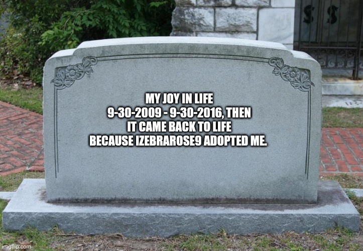 Thank you! | MY JOY IN LIFE
9-30-2009 - 9-30-2016, THEN IT CAME BACK TO LIFE BECAUSE IZEBRAROSE9 ADOPTED ME. | image tagged in gravestone | made w/ Imgflip meme maker
