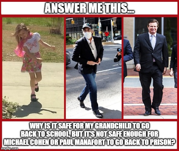 Return to school | ANSWER ME THIS... WHY IS IT SAFE FOR MY GRANDCHILD TO GO BACK TO SCHOOL, BUT IT'S NOT SAFE ENOUGH FOR MICHAEL COHEN OR PAUL MANAFORT TO GO BACK TO PRISON? | image tagged in gandchild,school,covid19,cohen,manafort | made w/ Imgflip meme maker