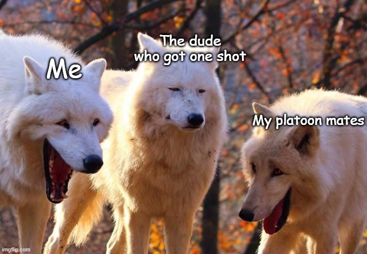 OHKOs are fun | The dude who got one shot; Me; My platoon mates | image tagged in 2 laughing wolves 1 serious | made w/ Imgflip meme maker