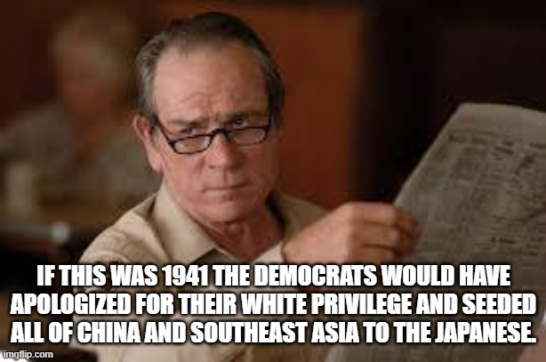 no country for old men tommy lee jones | IF THIS WAS 1941 THE DEMOCRATS WOULD HAVE APOLOGIZED FOR THEIR WHITE PRIVILEGE AND SEEDED ALL OF CHINA AND SOUTHEAST ASIA TO THE JAPANESE. | image tagged in no country for old men tommy lee jones | made w/ Imgflip meme maker