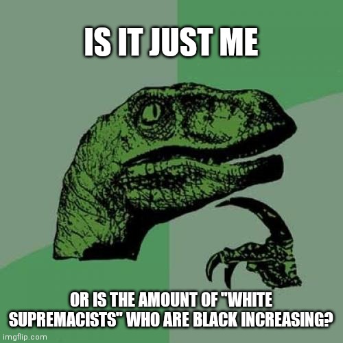 Philosoraptor | IS IT JUST ME; OR IS THE AMOUNT OF "WHITE SUPREMACISTS" WHO ARE BLACK INCREASING? | image tagged in memes,philosoraptor | made w/ Imgflip meme maker
