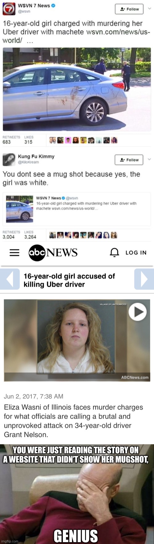 People like this vote | GENIUS; YOU WERE JUST READING THE STORY ON A WEBSITE THAT DIDN’T SHOW HER MUGSHOT, | image tagged in memes,captain picard facepalm,murder,mugshot,white girl,white privilege | made w/ Imgflip meme maker