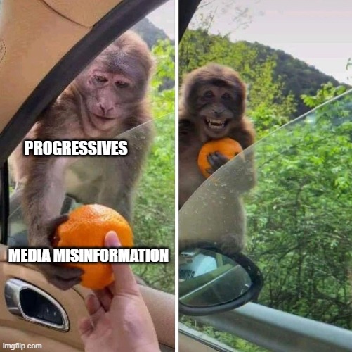 monkey getting an orange | PROGRESSIVES; MEDIA MISINFORMATION | image tagged in monkey getting an orange | made w/ Imgflip meme maker